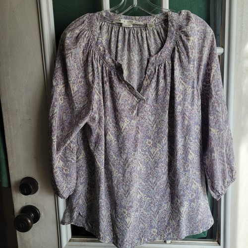 Max Studio Womens Purple Silk Abstract Print Split Neck 3/4 Sleeve Blouse M