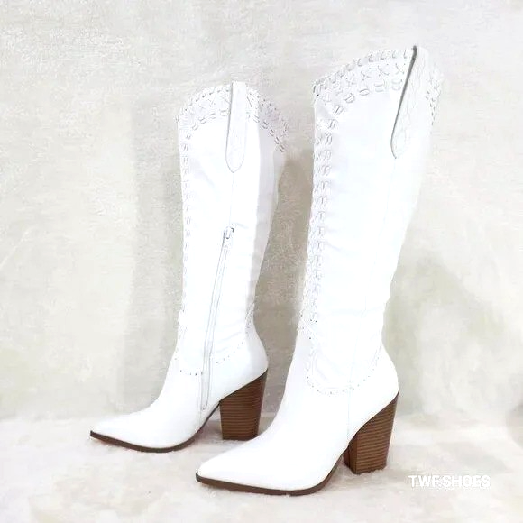 Weaver White Matte Western Knee High Cowgirl Boots Weave Design