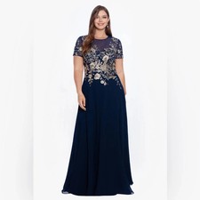Betsy & Adam Navy Blue Gold Embellished Bodice Chiffon Gown Dress Size 22W $289