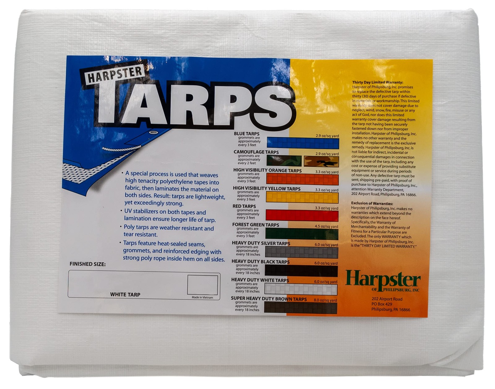 Heavy-Duty White Tarp 7 ft x 7 ft, Waterproof, UV-Resistant, 11-12 Mil Thick