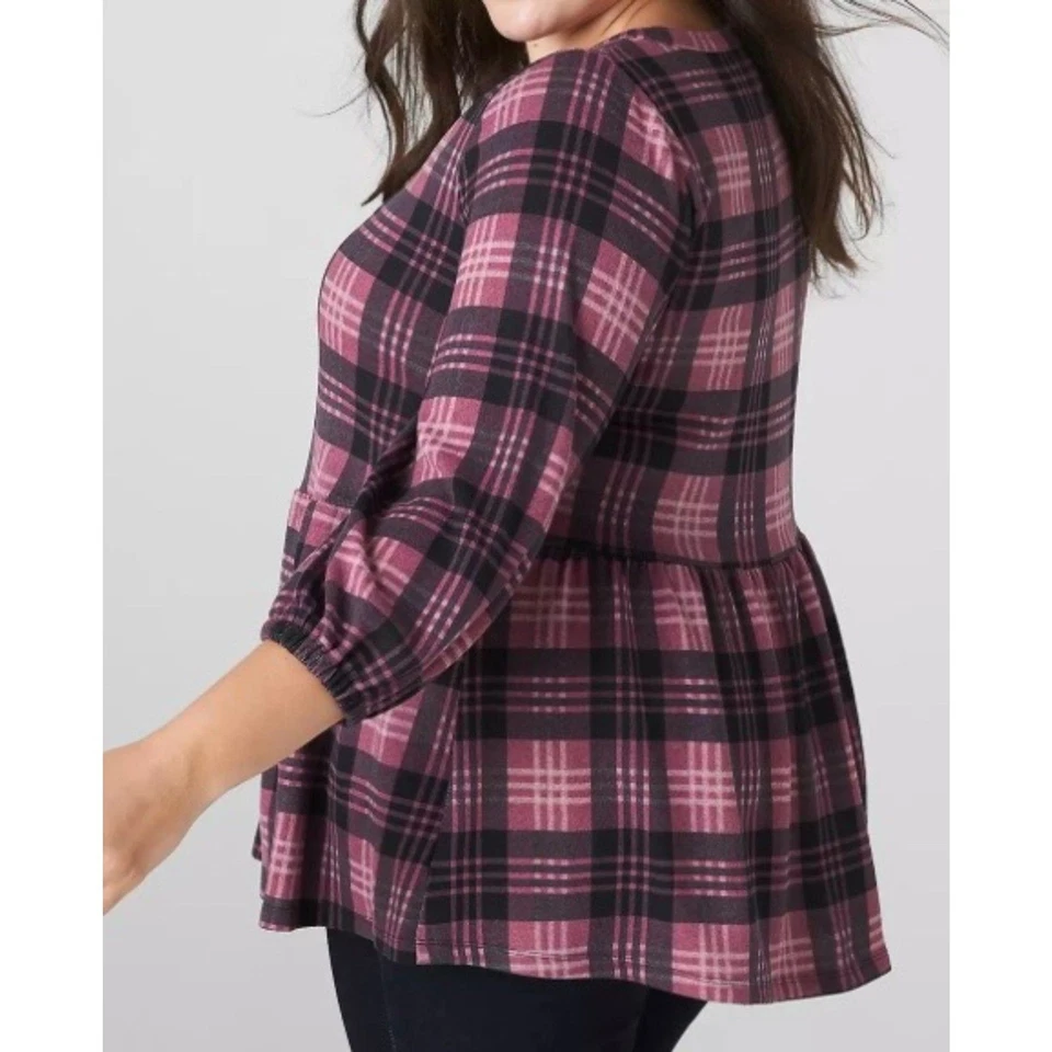 Blusa Lane Bryant a Cuadros Columpio Manga 3/4 Henley Babydoll Top Foto 2 de 4