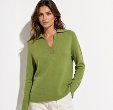 Suéter Prive Cashmere Mujer Pequeño S Verde Cuello en V Detalle de Botones Pullover Raglán
