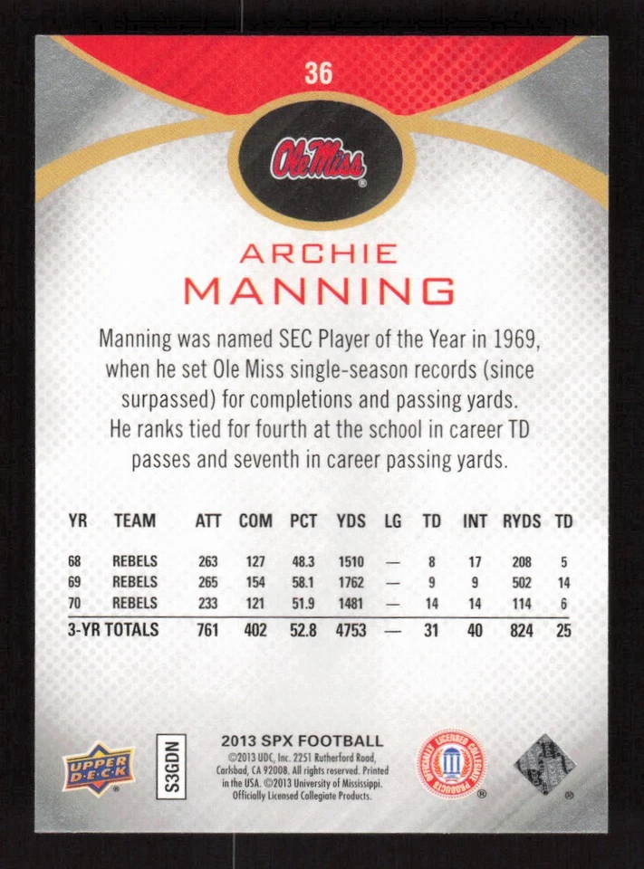 Archie Manning 2013 SPx #36 Ole Miss Rebels - Image 2 of 2