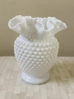 Fenton White Milkglass Hobnail Ruffled Double Crimped Glass Vase 6" Tall