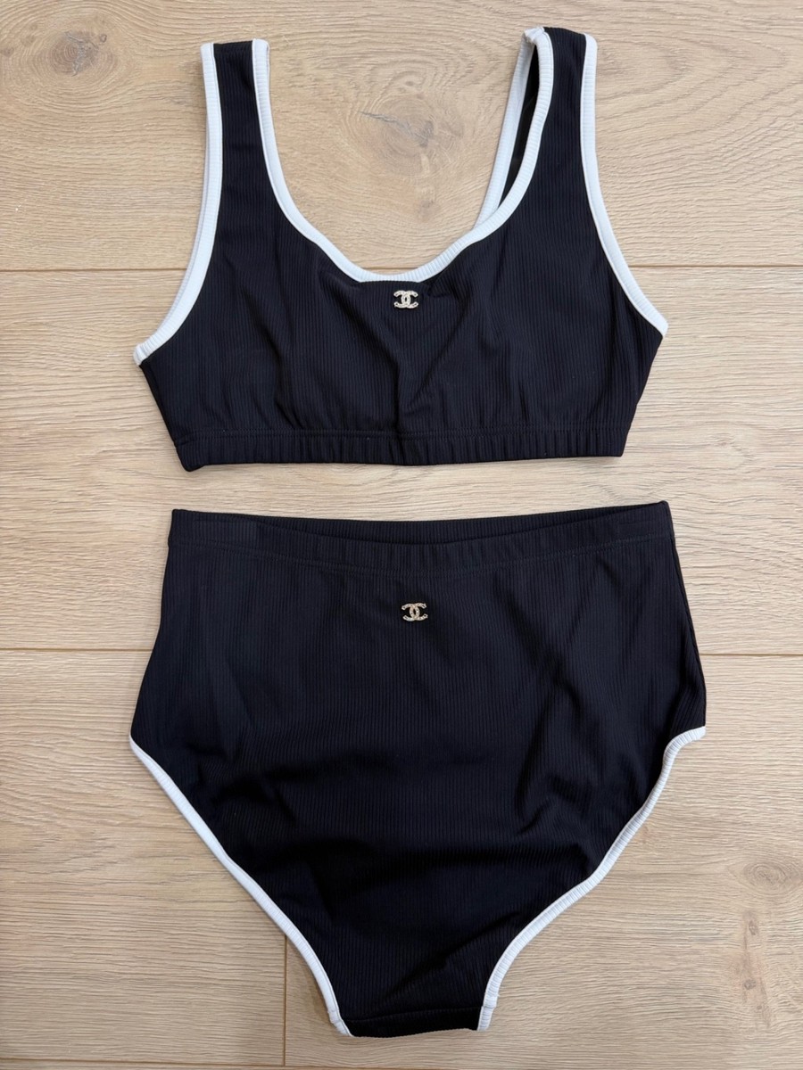 Chanel 22S Black White Crystal CC Logo Bikini Two Piece Swimsuit Chanel 22S Black White Crystal CC Logo Bikini Two Piece Swimsuit