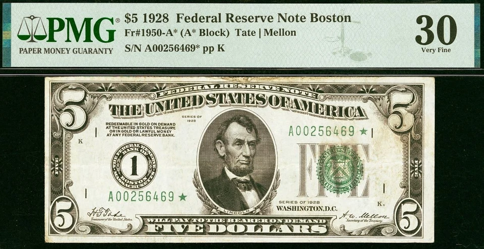 1928 $5 Federal Reserve Note PMG 30 - Gold on Demand - Boston Star Fr 1950-A* - Image 2 of 3