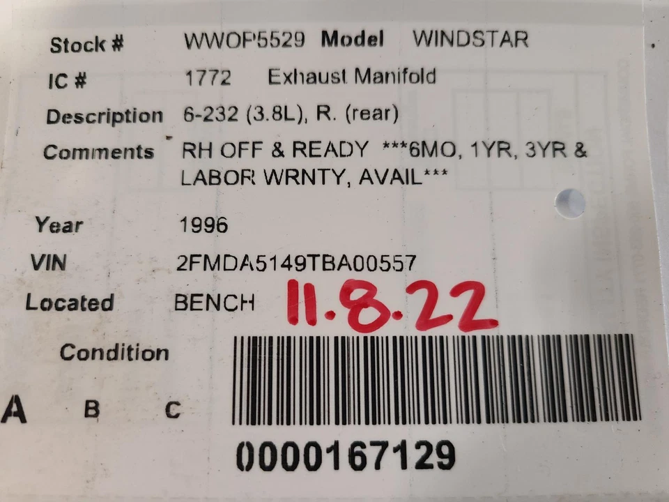 Used Rear Right Exhaust Manifold fits: 1996 Ford Windstar 6-232 3.8L R. rear Rea - Image 3 of 4