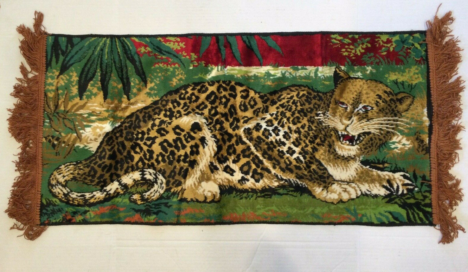 Vintage Cheetah Leopard Tapestry Plush Velvet Wall Hanging Rug 19”X40” w/ Fringe