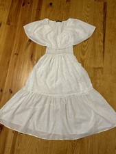 ZARA White Cotton Tiered Gold Metallic Polka Dot Prairie Ruffle Midi Dress | XS