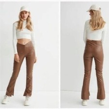 H M Divided Tiktok Viral Faux Leather Pull-on Flared Pants Brown sz 10