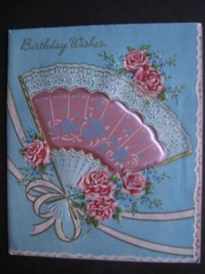 1940s vintage greeting card Wallace/Brown BIRTHDAY Satiny Pillow Fan, Pink Roses