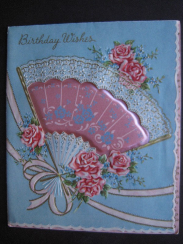 1940s vintage greeting card Wallace/Brown BIRTHDAY Satiny Pillow Fan, Pink Roses