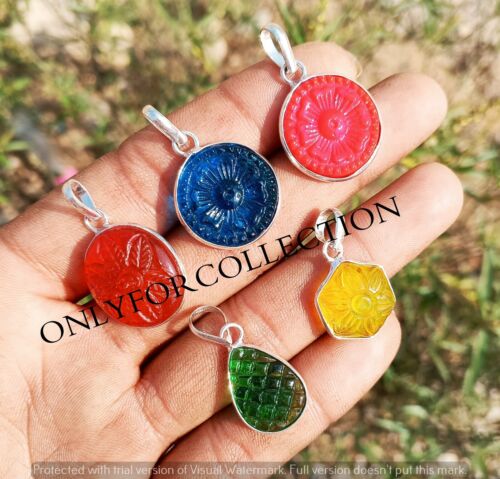 Wholesale Colorful Multi Carving Glass 925 Sterling Silver Plated Bezel Pendants - Picture 1 of 3