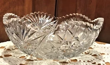 Brilliant Scalloped Cut Glass Bowl 8"x3" Unusual Patterns Cut Multi Starbursts