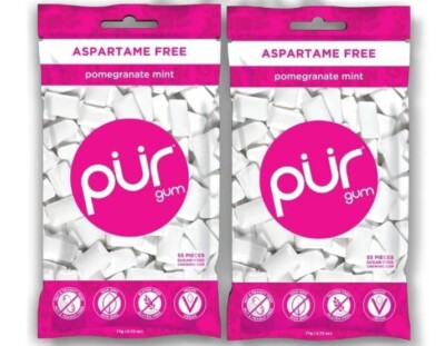 PUR Xylitol Chewing Gum POMEGRANATE MINT (55 Pieces, 2 Pack) Sugarless Vegan 