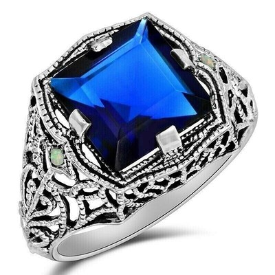 2 Karat behandelter Saphir & Opal 925 Sterling Silber Jugendstil Ring Gr. 7 FB1-7