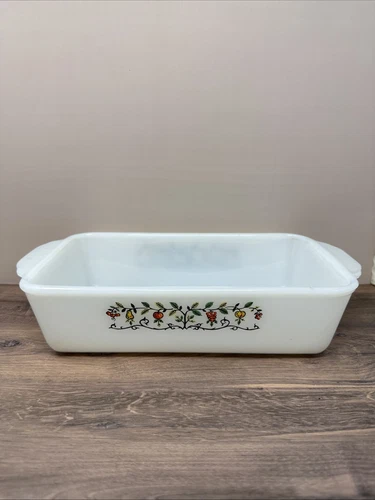 Vintage Anchor Hocking Fire King 1 Qt Loaf Pan Baking Dish Fruit Harvest Pattern
