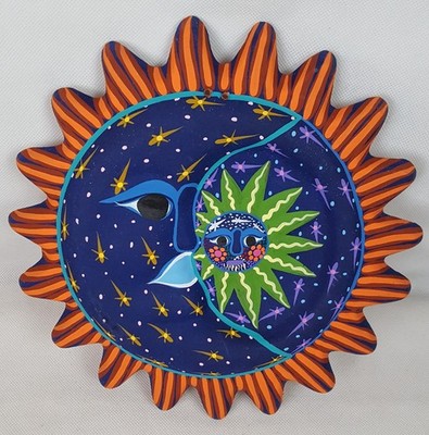 Sun With Moon Eclipse Terracotta Hand Painted Mexican Wall Art 9.3'' Dia.