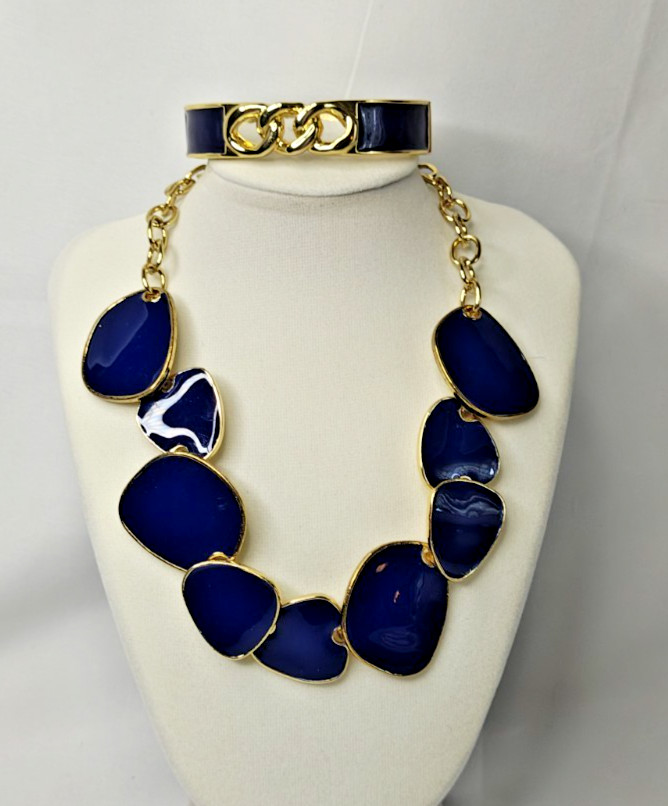 Kenneth Jay Lane Blue Enamel & Gold Tone Necklace & Bracelet Set Elegant Costume