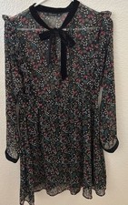 Zara Sheer Black Multicolor Floral Velour Tie Neck Dress - Large 