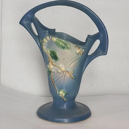 Large Roseville U.S.A. Snowberry Basket Pottery Vase 10" tall Blue #18K-10