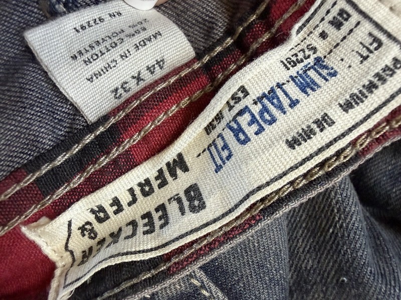 Bleecker Mercier mens blue acid wash distressed tapered denim jeans 5-pocket