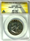 1959 50c Franklin Silver Proof Half Dollar ANACS PF58 Details Cleaned