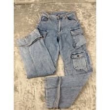 Blue Denim Cargo Pants Light Wash Wide Leg Utility Jeans Streetwear Size S Baggy
