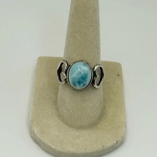 925 Silver Light Blue Larimar Ring Size 7 Side Cutout Hearts