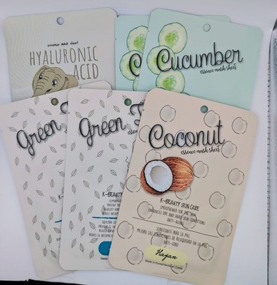 6 K-Beauty Essence Sheet Face Masks-Green Tea, Cucumber, Coconut, Hyaluronic