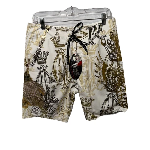 Christian Audigier "Fight Night" Board Shorts Size 32 White Vintage Ed Hardy New