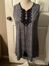 🌸 Max Studio Ladies Blue Print Sleeveless Pullover Rayon Size S Blouse Top🌸