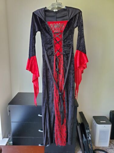 Red Sorceress Vampire Women Dress Costume Halloween Hood Size S excellent cond - Afbeelding 1 van 9