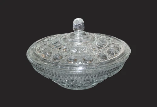 Vintage Federal or Indiana Glass Windsor Button and Cane Clear Candy Dish c/ Lid