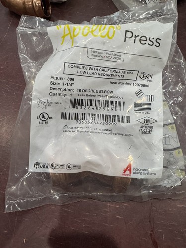 Elkhart Apollo Press Fitting 10075090 1-1/4" 45Β° COPPER ELBOW