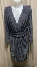 NWT EXPRESS BLACK METALLIC DRAPED V-NECK Midi Dress Large - Holiday Party Dress