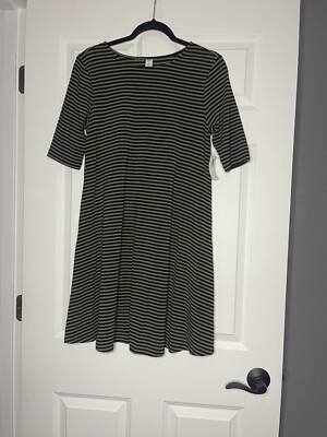 old navy green striped dress Jersey Swing black Elbow Length Sleeves medium NWT Dark Nude