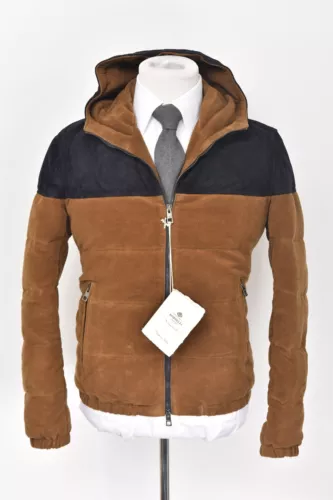 New Luigi Borrelli Brown Suede Goose Down Puffer Hooded Coat Jacket 40 (EU 50) M