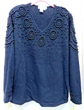 OUTLANDER+ BLACK BEADED V NECK KNIT EVENING SWEATER TOP SIZE 2+ 40-42 NWT 