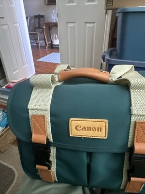 Vintage Retro Canon DSLR Green Canvas Camera Shoulder Bag  Padded Case