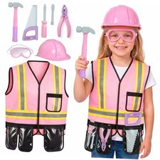 Pink Kids Tool Set with Construction Worker Costume for Girls Ages 3-5 -