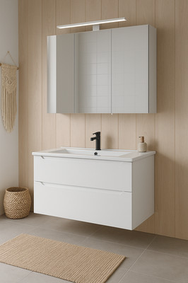 Orka Messina Badmöbel Set 80/100cm Keramik Waschbecken&SpiegelschrankWeiß/Eiche