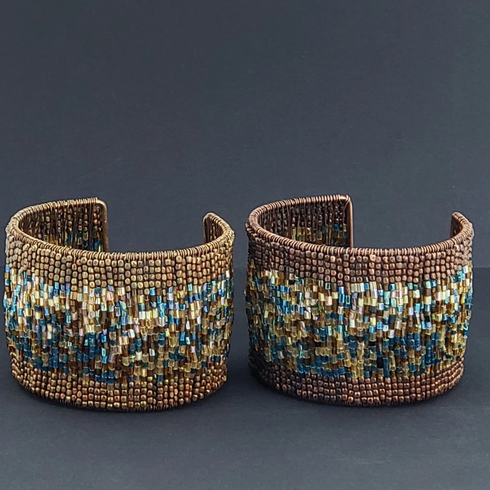 Conjunto de Pulsera Boho De Colección Puño Ancho Cuentas Azul Dorado Marrón Abierto Flexible Tonos Tierra Foto 3 de 4