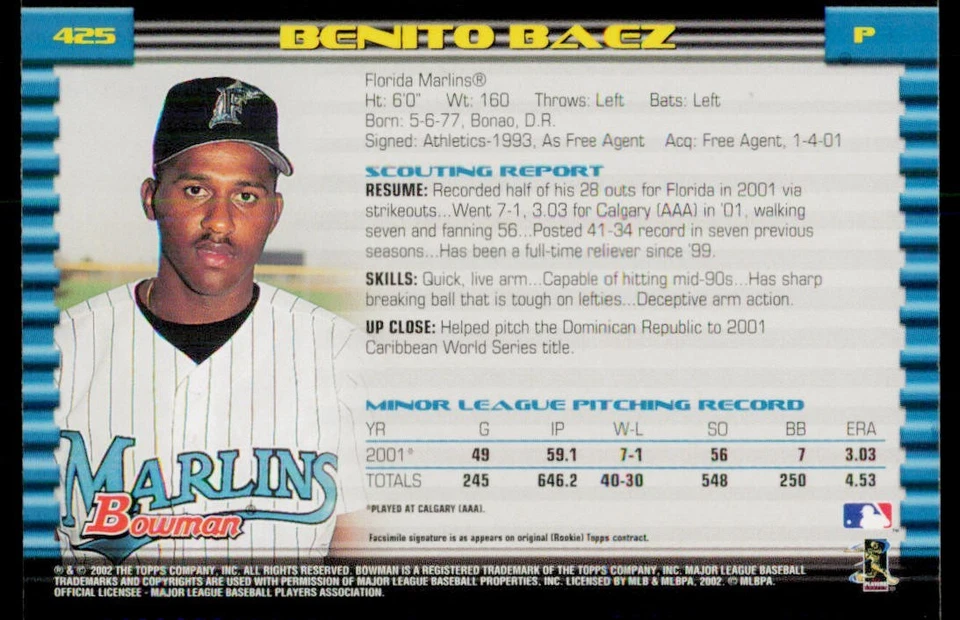 2002 Bowman #425 Benito Baez Florida Marlins Baseball Card - Image 2 of 2