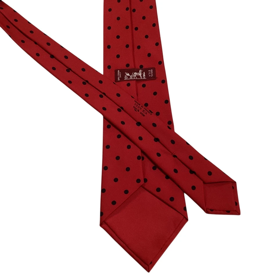 Corbata HERMES 7309 EA para hombre 100 % seda FRANCIA lujo POLKA DOT roja/negra usada en excelente estado rara Foto 4 de 4