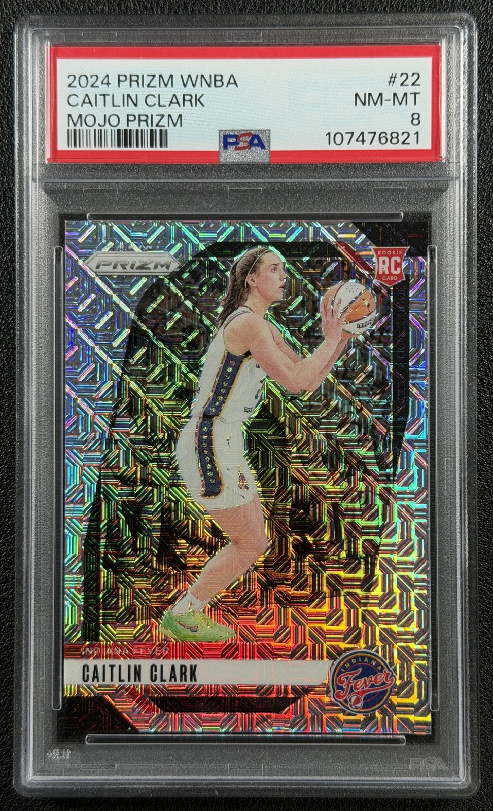 22/25 JSY# CAITLIN CLARK PSA 8 2024 PANINI WNBA PRIZM #22 ROOKIE MOJO RC FEVER