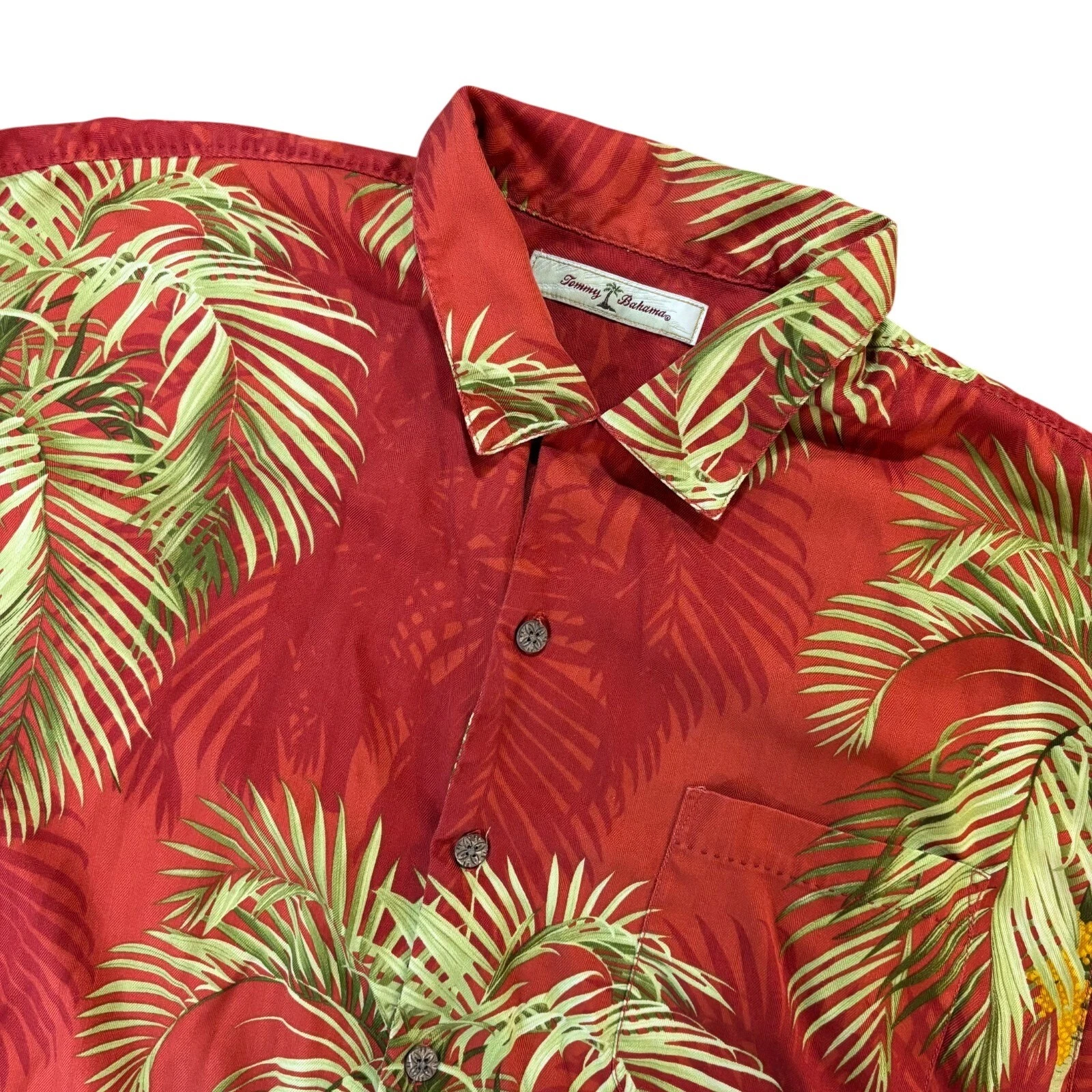 TOMMY BAHAMA Mens Shirt Large Red Palm Leaf Silk Hawaiian Aloha Casual Resort
