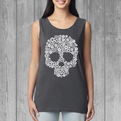 Skull Flowers Lotus Muscle Tank for Women, 100% Cotton, Relaxed Unisex Fit 
