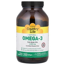 Country Life Omega-3 1000 mg 200 Softgels Gluten-Free, Milk-Free,