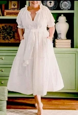 Mille Resort Zoe Dress Maxi M Puff Sleeves Pockets $298 Pearl Polka Dot Eyelet